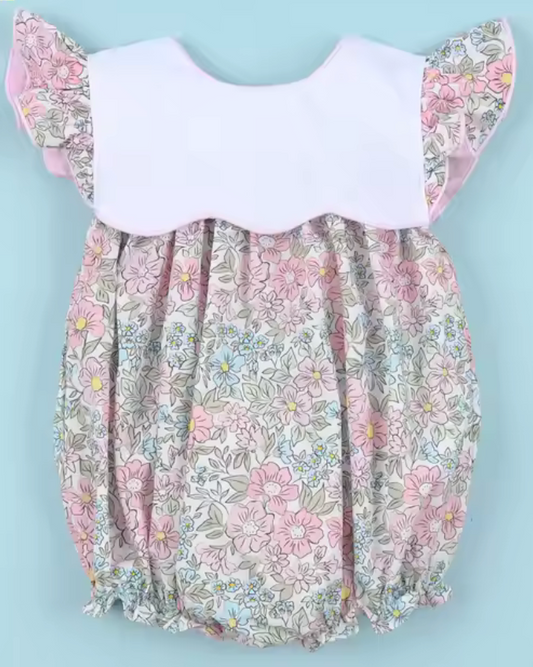 Floral Pink & Scallop Neck Bubble for Girl